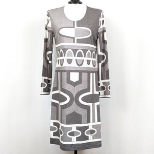 NWT Paganne Long Sleeve Dress Geometric Art Deco Two Tone Gray Packable Medium